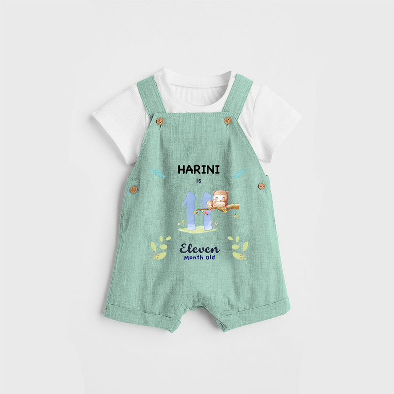 Celebrate The 11th Month Birthday Custom Dungaree set, Personalized with your little one's name - LIGHT GREEN - 0 - 5 Months Old (Chest 17")