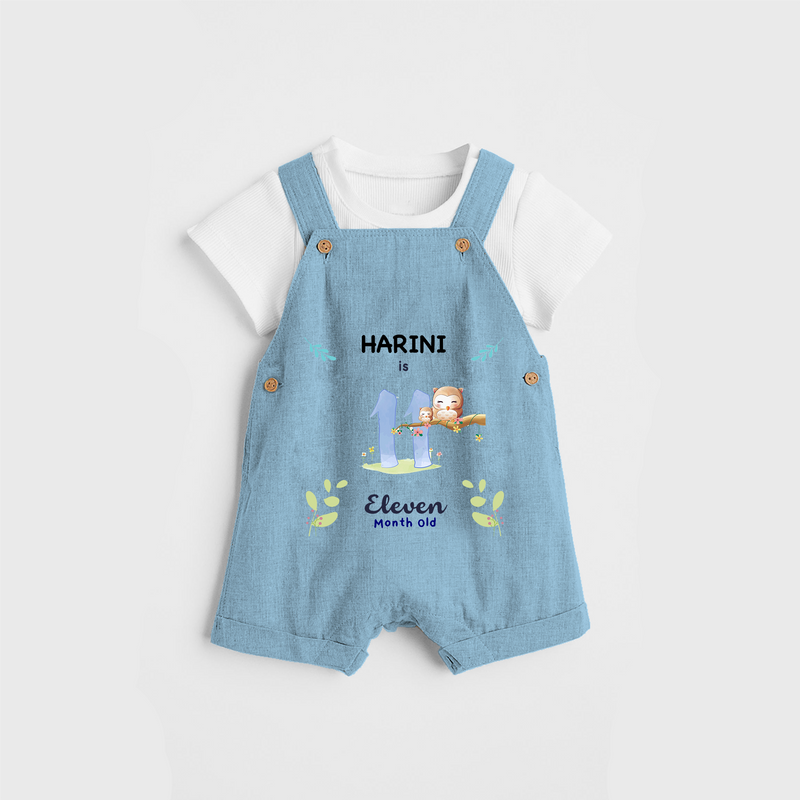 Celebrate The 11th Month Birthday Custom Dungaree set, Personalized with your little one's name - SKY BLUE - 0 - 5 Months Old (Chest 17")