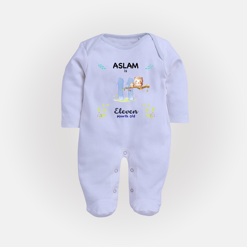 11 Month Milestone Baby Full Sleeve Bodysuit/ Sleep Suit/ Jumpsuit Outfit | Personalized Full Sleeve Bodysuit/ Sleep Suit/ Jumpsuit | Perfect for Photoshoots - BABY BLUE - New Born (Chest 7.5")