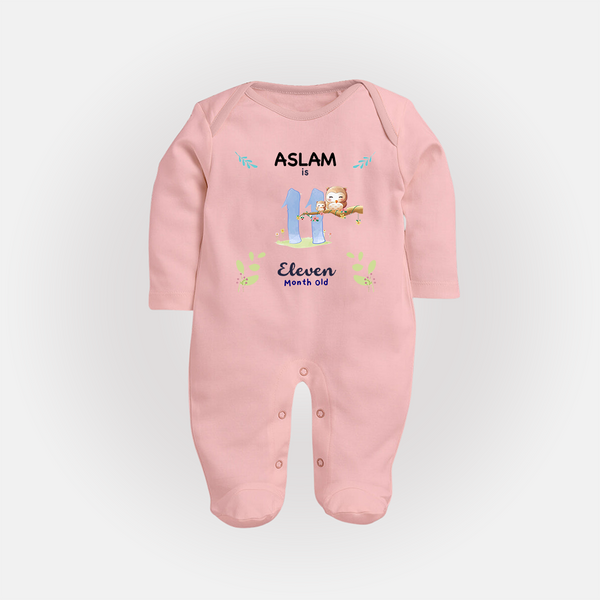 11 Month Milestone Baby Full Sleeve Bodysuit/ Sleep Suit/ Jumpsuit Outfit | Personalized Full Sleeve Bodysuit/ Sleep Suit/ Jumpsuit | Perfect for Photoshoots - BABY PINK - New Born (Chest 7.5")