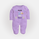 11 Month Milestone Baby Full Sleeve Bodysuit/ Sleep Suit/ Jumpsuit Outfit | Personalized Full Sleeve Bodysuit/ Sleep Suit/ Jumpsuit | Perfect for Photoshoots - LILAC - New Born (Chest 7.5")