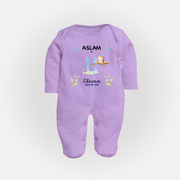 11 Month Milestone Baby Full Sleeve Bodysuit/ Sleep Suit/ Jumpsuit Outfit | Personalized Full Sleeve Bodysuit/ Sleep Suit/ Jumpsuit | Perfect for Photoshoots - LILAC - New Born (Chest 7.5")
