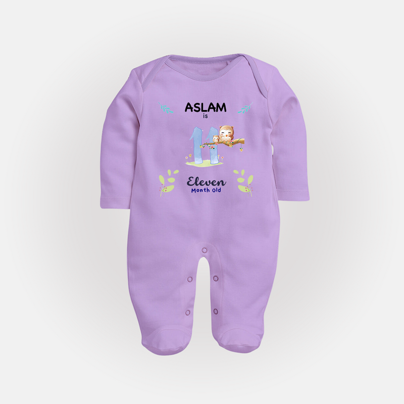 11 Month Milestone Baby Full Sleeve Bodysuit/ Sleep Suit/ Jumpsuit Outfit | Personalized Full Sleeve Bodysuit/ Sleep Suit/ Jumpsuit | Perfect for Photoshoots - LILAC - New Born (Chest 7.5")