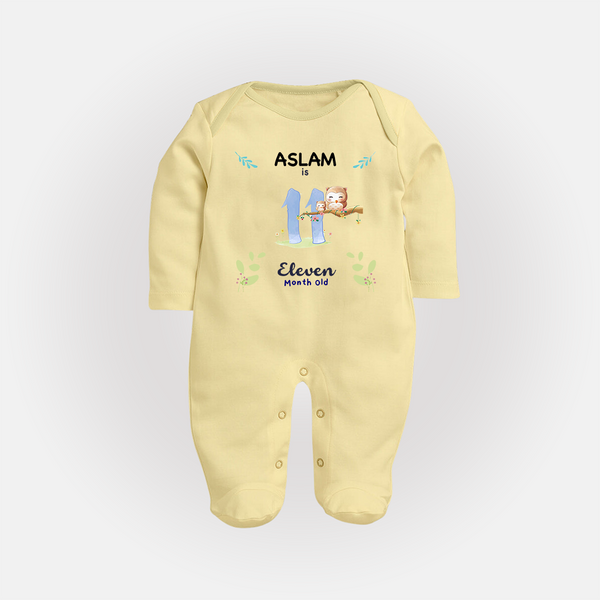 11 Month Milestone Baby Full Sleeve Bodysuit/ Sleep Suit/ Jumpsuit Outfit | Personalized Full Sleeve Bodysuit/ Sleep Suit/ Jumpsuit | Perfect for Photoshoots - PASTEL YELLOW - New Born (Chest 7.5")