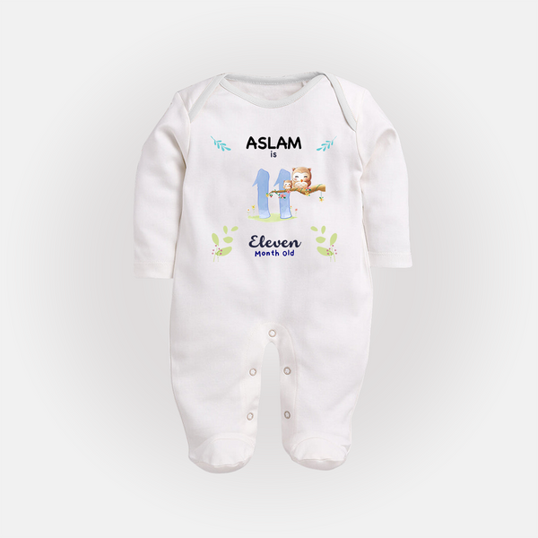 11 Month Milestone Baby Full Sleeve Bodysuit/ Sleep Suit/ Jumpsuit Outfit | Personalized Full Sleeve Bodysuit/ Sleep Suit/ Jumpsuit | Perfect for Photoshoots - WHITE - New Born (Chest 7.5")