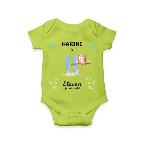 Celebrate The 11th Month Birthday Custom Romper/ Onesie, Personalized with your little one's name - LIME GREEN - 0 - 3 Months Old (Chest 16")