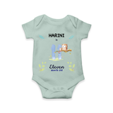 Celebrate The 11th Month Birthday Custom Romper/ Onesie, Personalized with your little one's name - MINT GREEN - 0 - 3 Months Old (Chest 16")