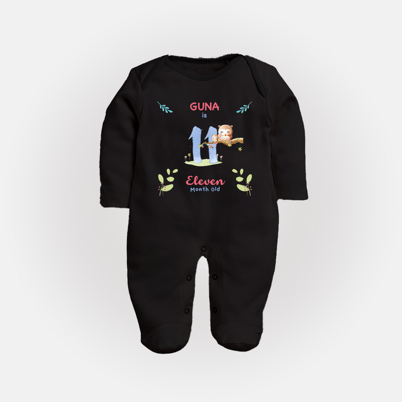 11 Month Milestone Baby Full Sleeve Bodysuit/ Sleep Suit/ Jumpsuit Outfit | Personalized Full Sleeve Bodysuit/ Sleep Suit/ Jumpsuit | Perfect for Photoshoots - BLACK - New Born (Chest 7.5")