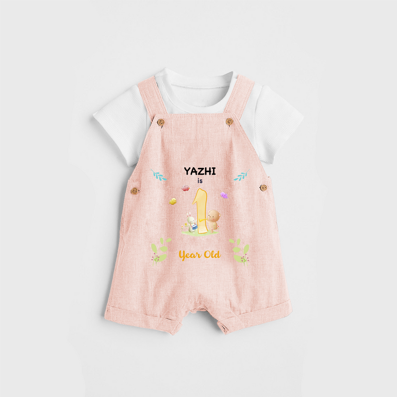 Celebrate The 12th Month Birthday Custom Dungaree set, Personalized with your little one's name - PEACH - 0 - 5 Months Old (Chest 17")