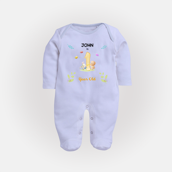 1 Year Milestone Baby Full Sleeve Bodysuit/ Sleep Suit/ Jumpsuit Outfit | Personalized Full Sleeve Bodysuit/ Sleep Suit/ Jumpsuit | Perfect for Photoshoots - BABY BLUE - New Born (Chest 7.5")