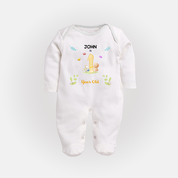 1 Year Milestone Baby Full Sleeve Bodysuit/ Sleep Suit/ Jumpsuit Outfit | Personalized Full Sleeve Bodysuit/ Sleep Suit/ Jumpsuit | Perfect for Photoshoots - WHITE - New Born (Chest 7.5")