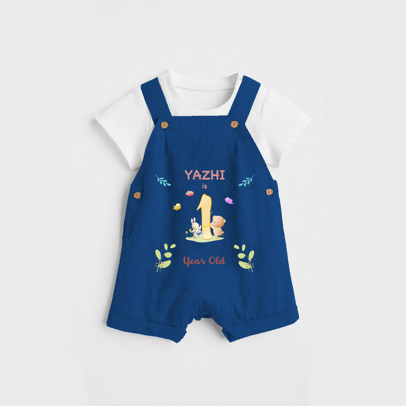 Celebrate The 12th Month Birthday Custom Dungaree set, Personalized with your little one's name - COBALT BLUE - 0 - 5 Months Old (Chest 17")