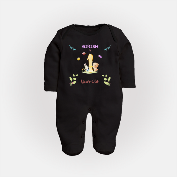 1 Year Milestone Baby Full Sleeve Bodysuit/ Sleep Suit/ Jumpsuit Outfit | Personalized Full Sleeve Bodysuit/ Sleep Suit/ Jumpsuit | Perfect for Photoshoots - BLACK - New Born (Chest 7.5")