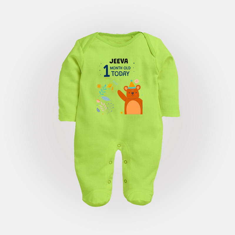 Cute Newborn Full Sleeve Bodysuit/ Sleep Suit/ Jumpsuit for 1 Month | Custom Name & Style Options - LIME GREEN - New Born (Chest 7.5")
