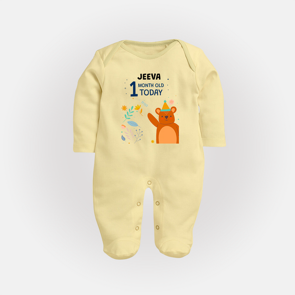 Cute Newborn Full Sleeve Bodysuit/ Sleep Suit/ Jumpsuit for 1 Month | Custom Name & Style Options - PASTEL YELLOW - New Born (Chest 7.5")