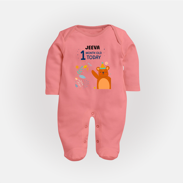 Cute Newborn Full Sleeve Bodysuit/ Sleep Suit/ Jumpsuit for 1 Month | Custom Name & Style Options - PEACH - New Born (Chest 7.5")
