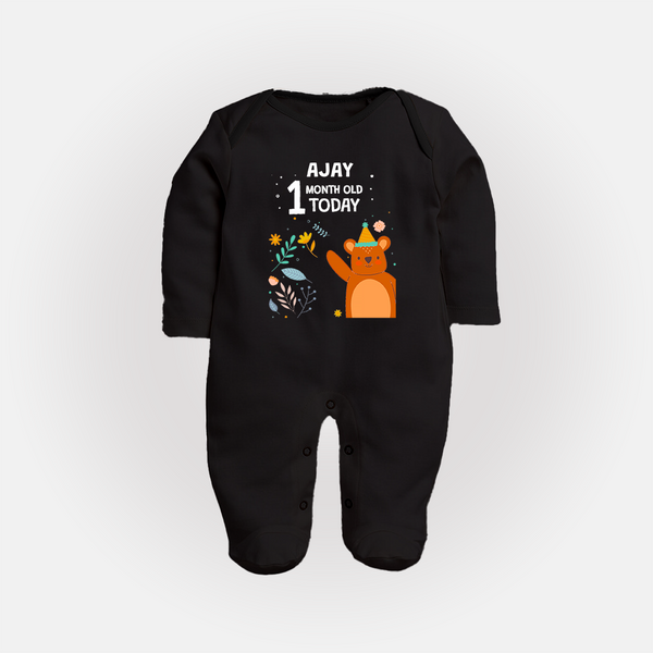 Cute Newborn Full Sleeve Bodysuit/ Sleep Suit/ Jumpsuit for 1 Month | Custom Name & Style Options - BLACK - New Born (Chest 7.5")