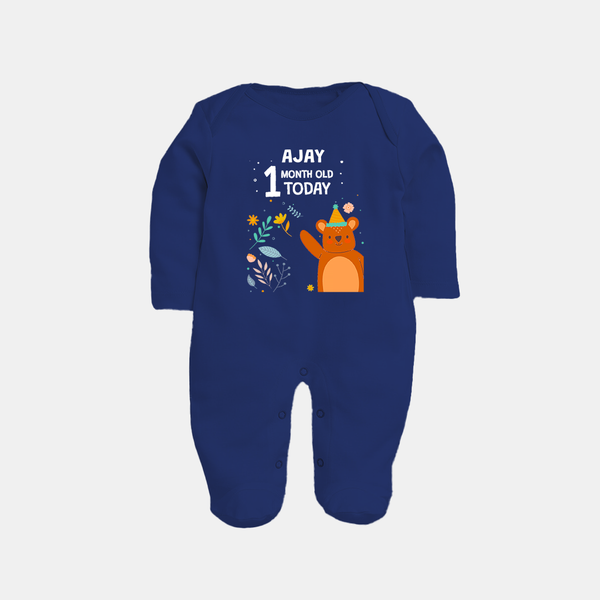 Cute Newborn Full Sleeve Bodysuit/ Sleep Suit/ Jumpsuit for 1 Month | Custom Name & Style Options - NAVY BLUE - New Born (Chest 7.5")