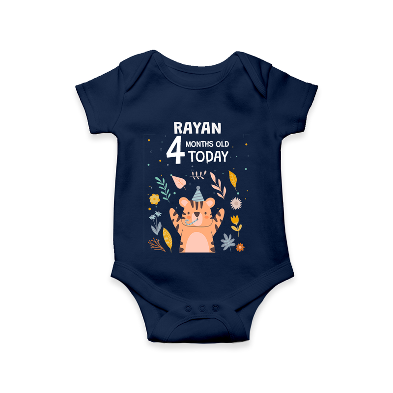 Commemorate your little one's 4th month with a custom romper/onesie, personalized with their name! - NAVY BLUE - 0 - 3 Months Old (Chest 16")