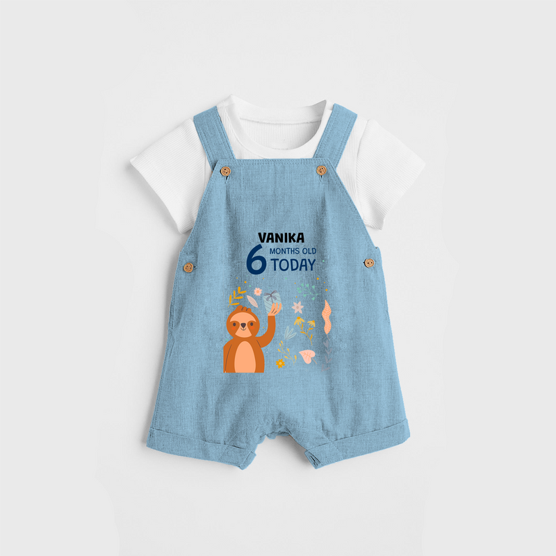 Commemorate your little one's 6th month with a custom Dungaree set, personalized with their name! - SKY BLUE - 0 - 5 Months Old (Chest 17")