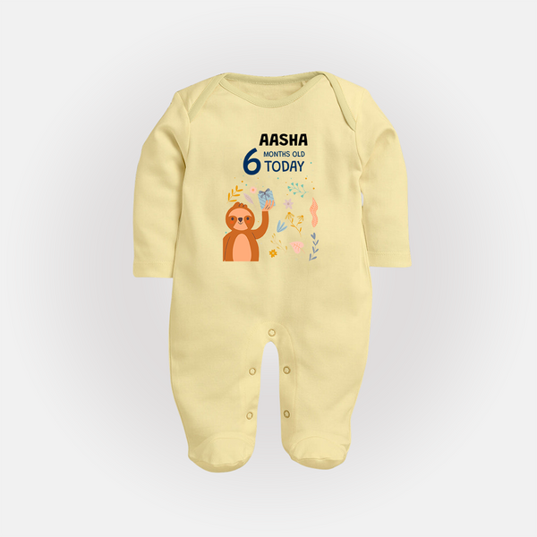 Cute Newborn Full Sleeve Bodysuit/ Sleep Suit/ Jumpsuit for 6 Month | Custom Name & Style Options - PASTEL YELLOW - New Born (Chest 7.5")
