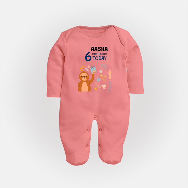 Cute Newborn Full Sleeve Bodysuit/ Sleep Suit/ Jumpsuit for 6 Month | Custom Name & Style Options - PEACH - New Born (Chest 7.5")
