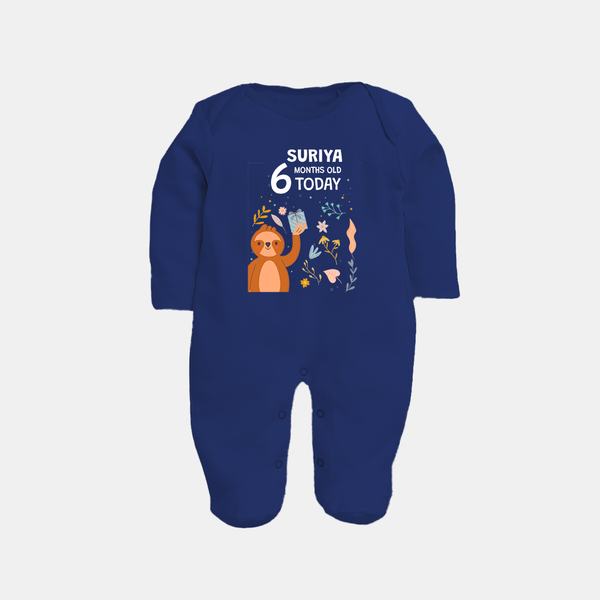 Cute Newborn Full Sleeve Bodysuit/ Sleep Suit/ Jumpsuit for 6 Month | Custom Name & Style Options - NAVY BLUE - New Born (Chest 7.5")