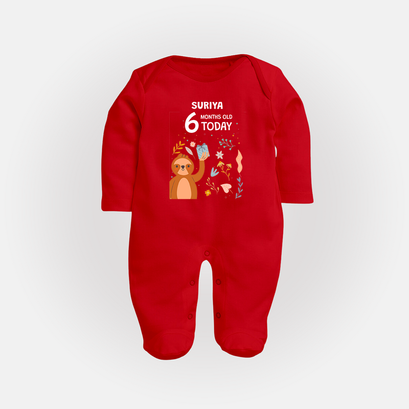 Celebrate The Magic Of Your Baby's Sixth Month With Our Elegant And Customized Sleep Suit For Babies - RED - New Born (Chest 7.5")