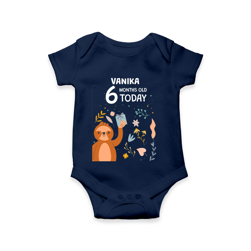 Commemorate your little one's 6th month with a custom romper/onesie, personalized with their name! - NAVY BLUE - 0 - 3 Months Old (Chest 16")