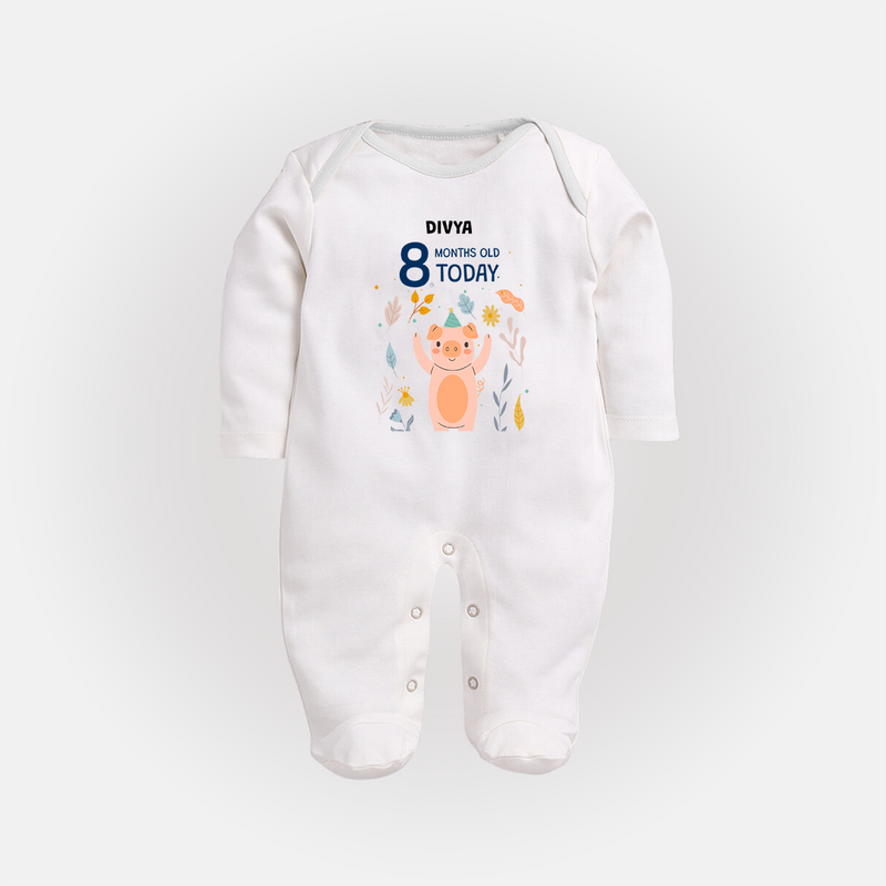 Celebrate The Magic Of Your Baby's Eighth Month With Our Elegant And Customized Sleep Suit For Babies - WHITE - New Born (Chest 7.5")