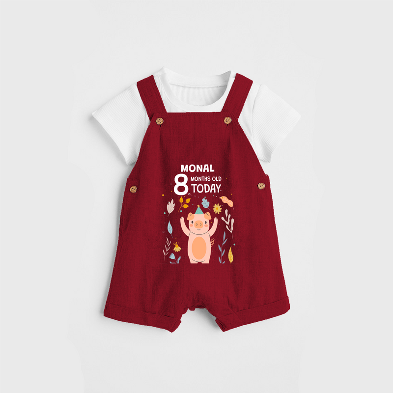 Commemorate your little one's 8th month with a custom Dungaree set, personalized with their name! - RED - 0 - 5 Months Old (Chest 17")