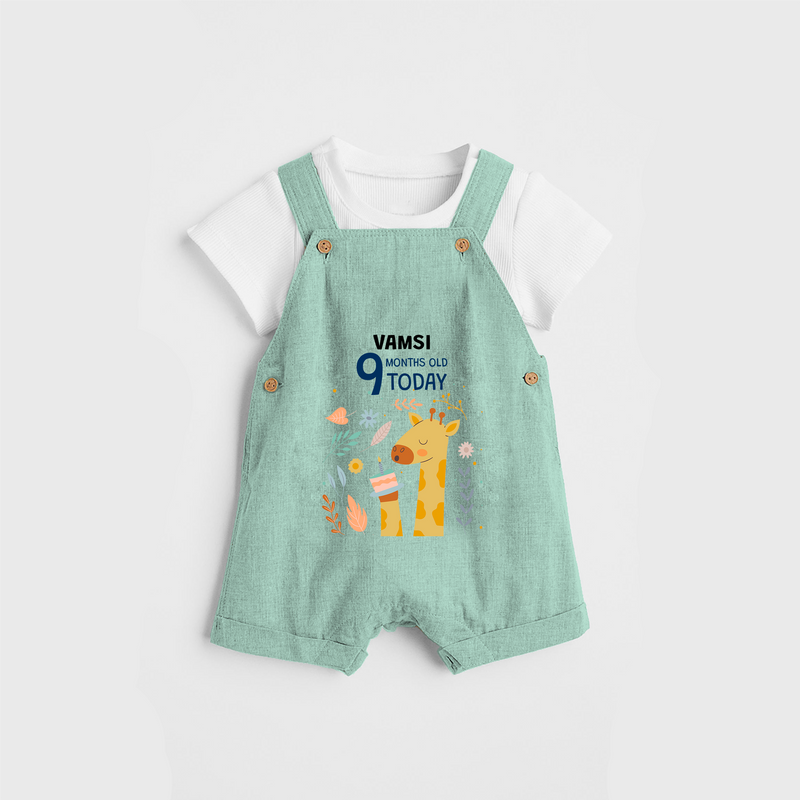 Commemorate your little one's 9th month with a custom Dungaree set, personalized with their name! - LIGHT GREEN - 0 - 5 Months Old (Chest 17")