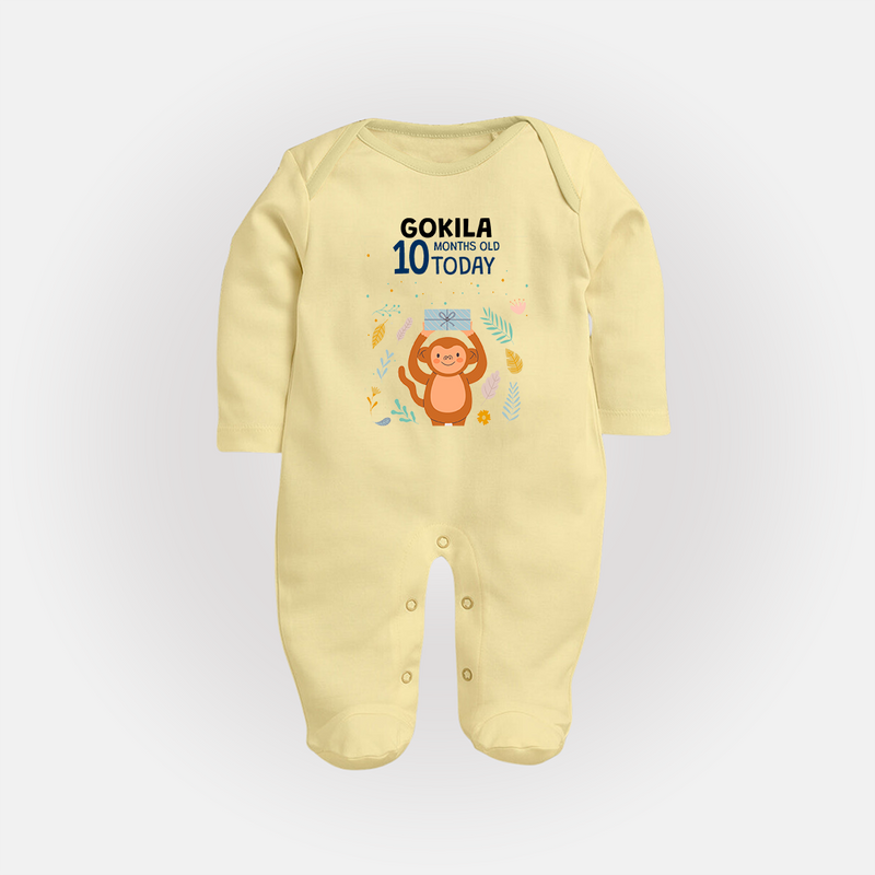 Cute Newborn Full Sleeve Bodysuit/ Sleep Suit/ Jumpsuit for 10 Month | Custom Name & Style Options - PASTEL YELLOW - New Born (Chest 7.5")