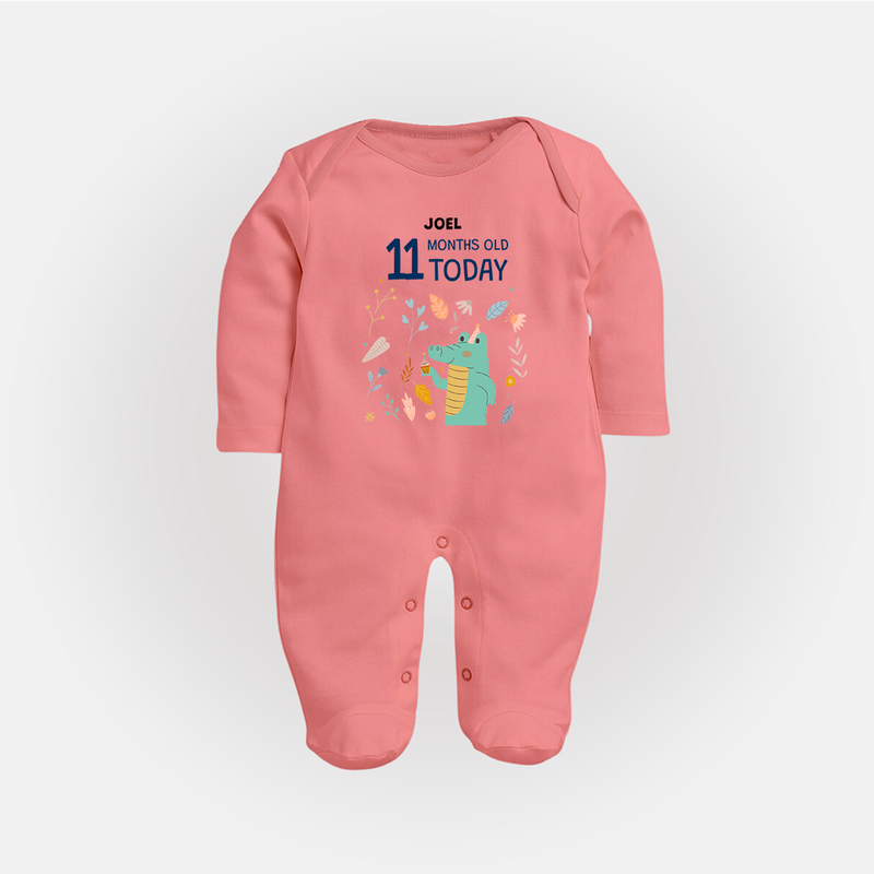 Celebrate The Magic Of Your Baby's Eleventh Month With Our Elegant And Customized Sleep Suit For Babies - PEACH - New Born (Chest 7.5")