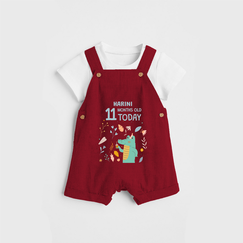 Commemorate your little one's 11th month with a custom Dungaree set, personalized with their name! - RED - 0 - 5 Months Old (Chest 17")