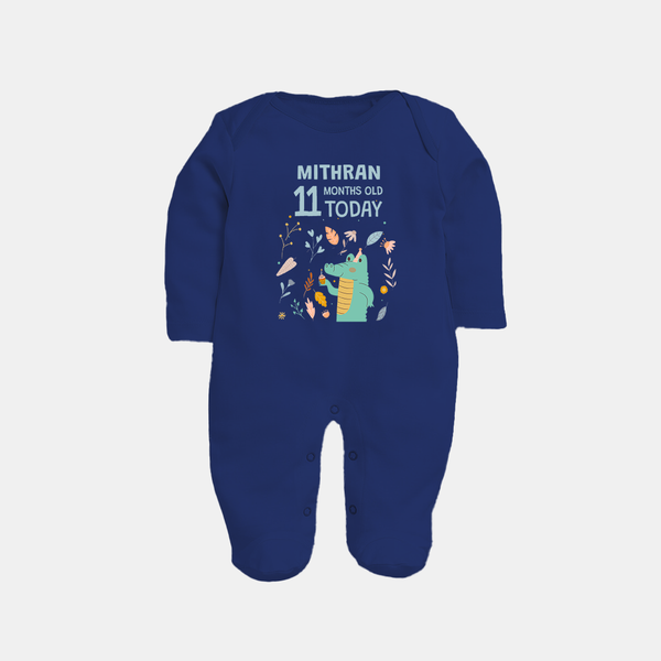 Cute Newborn Full Sleeve Bodysuit/ Sleep Suit/ Jumpsuit for 11 Month | Custom Name & Style Options - NAVY BLUE - New Born (Chest 7.5")