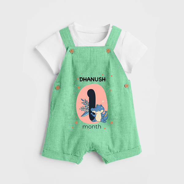 Baby Dungaree Set Birthday Outfit - 1st Month | Personalized Dungaree Set | Cozy Cotton Fabric - GREEN - 0 - 5 Months Old (Chest 18")