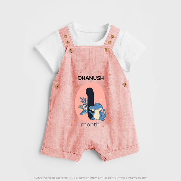 Baby Dungaree Set Birthday Outfit - 1st Month | Personalized Dungaree Set | Cozy Cotton Fabric - PEACH - 0 - 5 Months Old (Chest 18")
