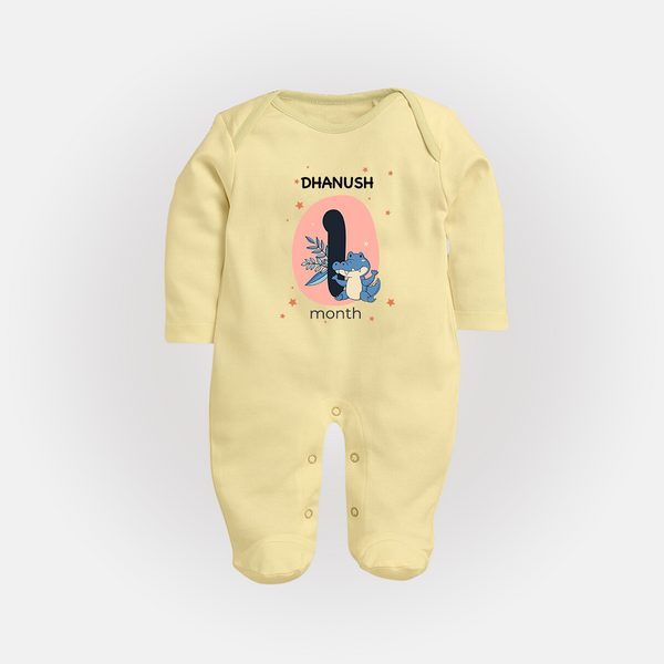 Baby Full Sleeve Bodysuit/ Sleep Suit/ Jumpsuit Birthday Outfit - 1st Month | Personalized Full Sleeve Bodysuit/ Sleep Suit/ Jumpsuit | Cozy Cotton Fabric - PASTEL YELLOW - New Born (Chest 7.5")