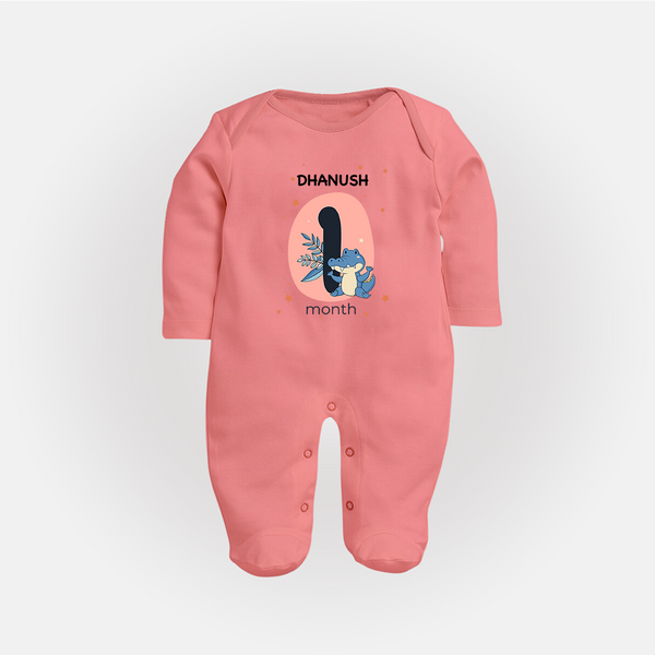 Baby Full Sleeve Bodysuit/ Sleep Suit/ Jumpsuit Birthday Outfit - 1st Month | Personalized Full Sleeve Bodysuit/ Sleep Suit/ Jumpsuit | Cozy Cotton Fabric - PEACH - New Born (Chest 7.5")
