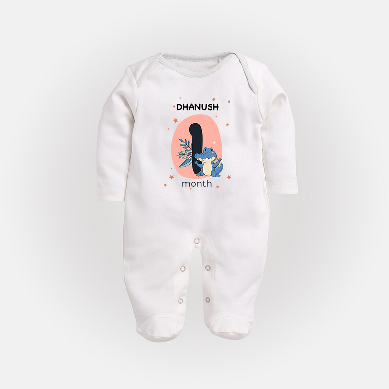 Baby Full Sleeve Bodysuit/ Sleep Suit/ Jumpsuit Birthday Outfit - 1st Month | Personalized Full Sleeve Bodysuit/ Sleep Suit/ Jumpsuit | Cozy Cotton Fabric - WHITE - New Born (Chest 7.5")