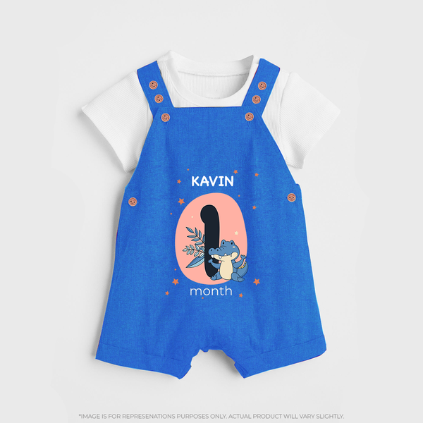 Baby Dungaree Set Birthday Outfit - 1st Month | Personalized Dungaree Set | Cozy Cotton Fabric - COBALT BLUE - 0 - 5 Months Old (Chest 18")