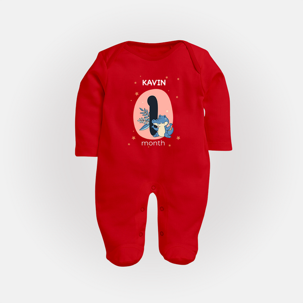 Baby Full Sleeve Bodysuit/ Sleep Suit/ Jumpsuit Birthday Outfit - 1st Month | Personalized Full Sleeve Bodysuit/ Sleep Suit/ Jumpsuit | Cozy Cotton Fabric - RED - New Born (Chest 7.5")
