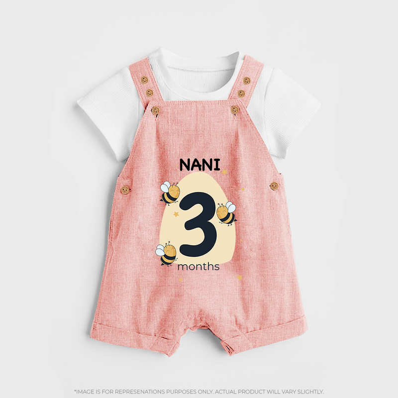 Baby Dungaree Set Birthday Outfit - 3rd Month | Personalized Dungaree Set | Cozy Cotton Fabric - PEACH - 0 - 5 Months Old (Chest 18")