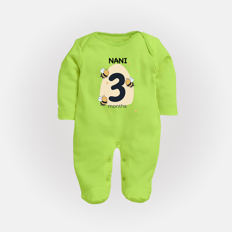 Baby Full Sleeve Bodysuit/ Sleep Suit/ Jumpsuit Birthday Outfit - 3rd Month | Personalized Full Sleeve Bodysuit/ Sleep Suit/ Jumpsuit | Cozy Cotton Fabric - LIME GREEN - New Born (Chest 7.5")