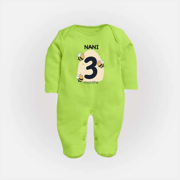 Baby Full Sleeve Bodysuit/ Sleep Suit/ Jumpsuit Birthday Outfit - 3rd Month | Personalized Full Sleeve Bodysuit/ Sleep Suit/ Jumpsuit | Cozy Cotton Fabric - LIME GREEN - New Born (Chest 7.5")