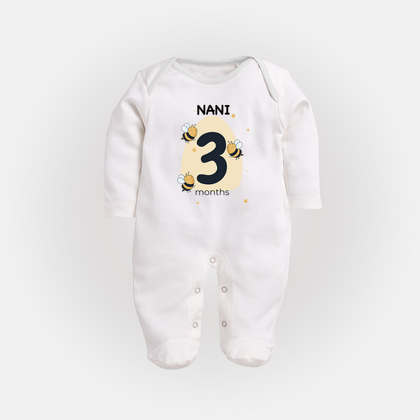 Baby Full Sleeve Bodysuit/ Sleep Suit/ Jumpsuit Birthday Outfit - 3rd Month | Personalized Full Sleeve Bodysuit/ Sleep Suit/ Jumpsuit | Cozy Cotton Fabric - WHITE - New Born (Chest 7.5")