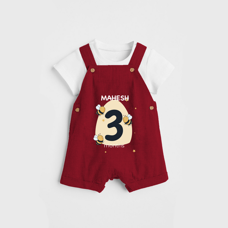 Commemorate your little one's 3rd month with a customized Dungaree Set - RED - 0 - 5 Months Old (Chest 17")