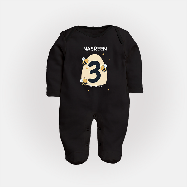 Baby Full Sleeve Bodysuit/ Sleep Suit/ Jumpsuit Birthday Outfit - 3rd Month | Personalized Full Sleeve Bodysuit/ Sleep Suit/ Jumpsuit | Cozy Cotton Fabric - BLACK - New Born (Chest 7.5")