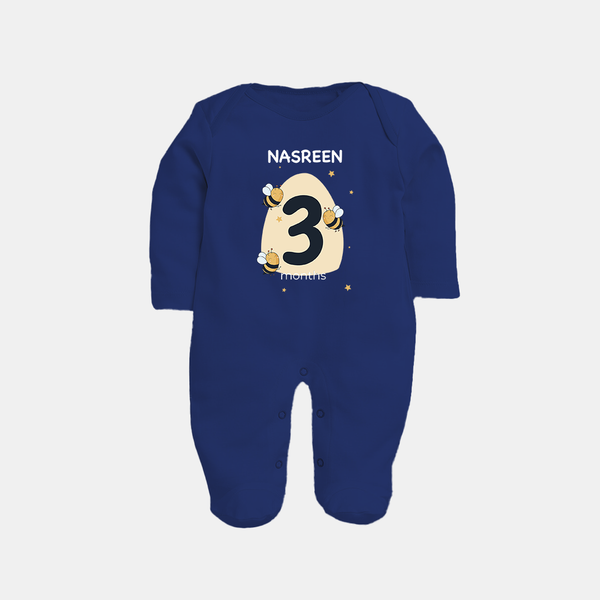 Baby Full Sleeve Bodysuit/ Sleep Suit/ Jumpsuit Birthday Outfit - 3rd Month | Personalized Full Sleeve Bodysuit/ Sleep Suit/ Jumpsuit | Cozy Cotton Fabric - NAVY BLUE - New Born (Chest 7.5")